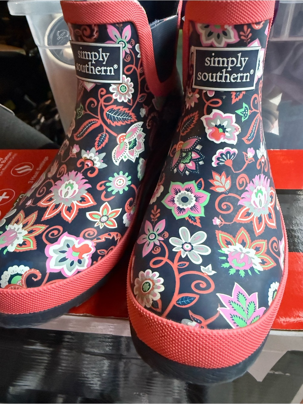 Simply Southern Navy Floral Rain Boots with Coral Trim and Multicolor Flowers